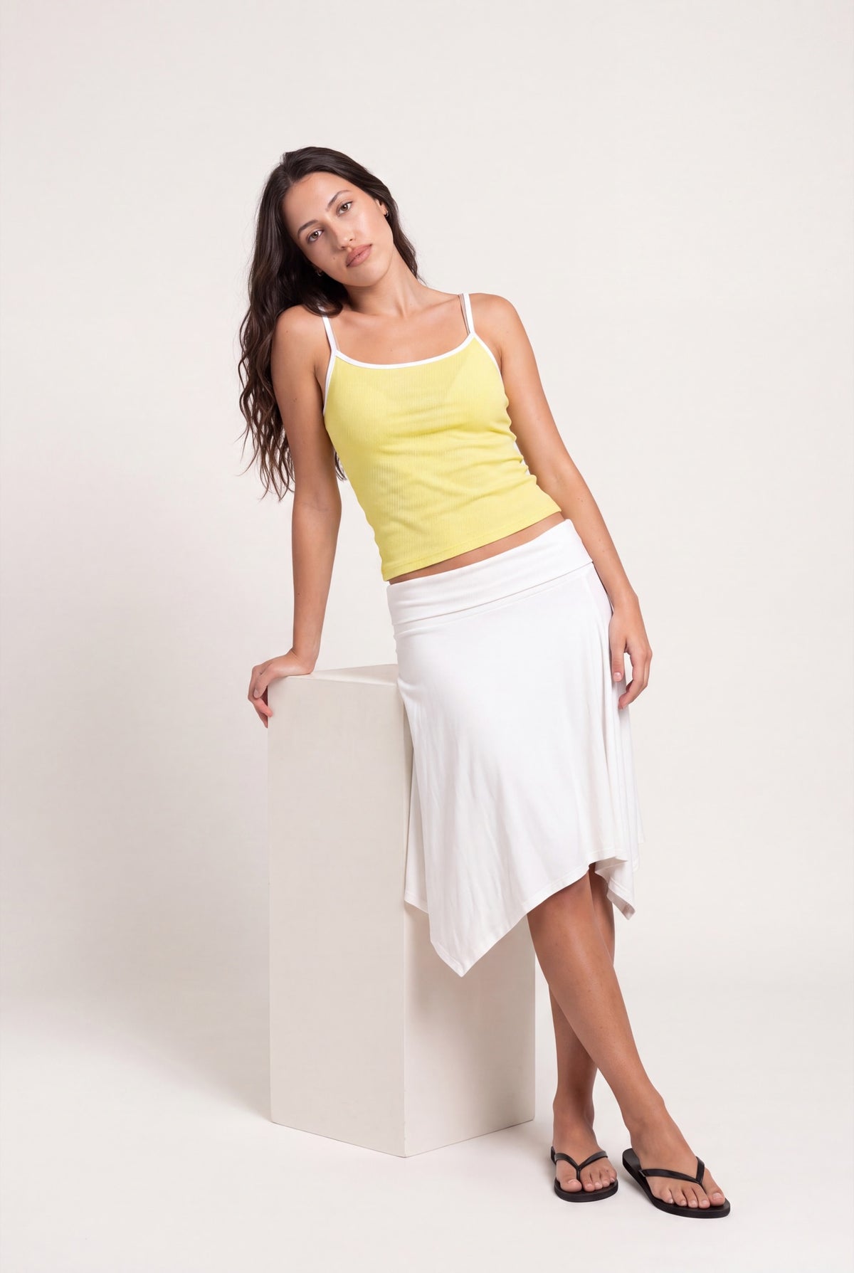 Layers Spaghetti Top in Yellow, seated